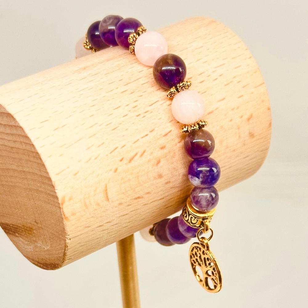 Handmade Amethyst & Rose Quartz Beaded Bracelet Celtic Tree Of Life Charm 8mm